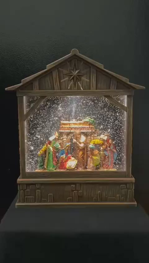 Musical Christmas Water Lamp with Snow Effect – Brown nativity scene
