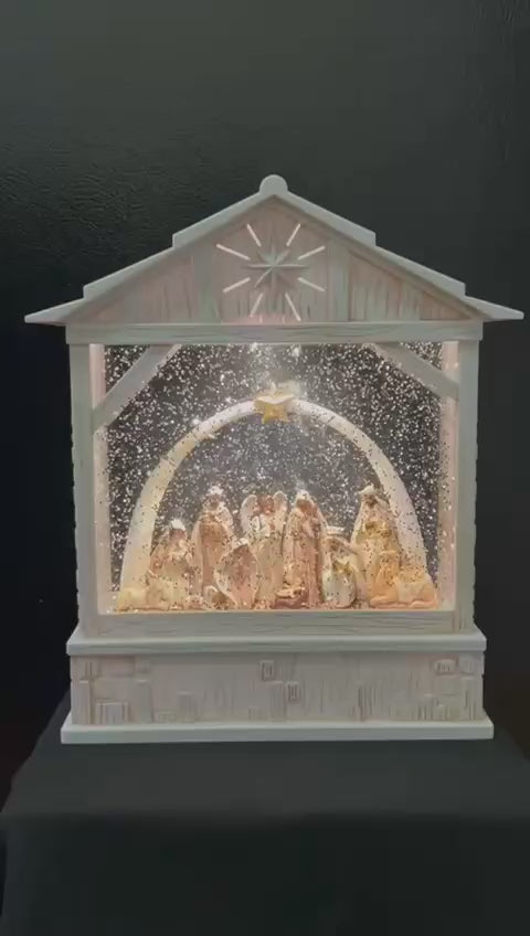 Musical Christmas Water Lamp with Snow Effect – White nativity scene